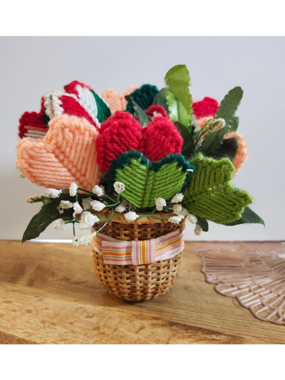 Basket of Heart Flowers Crochet Vintage Handmade